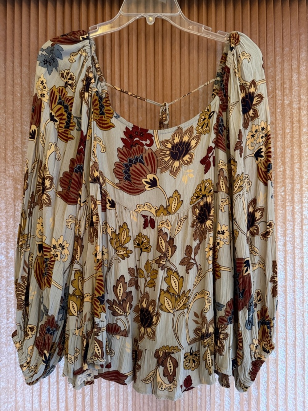 Angie Boho Floral Peasant Blouse in Beige with Mustard & Rust Accents